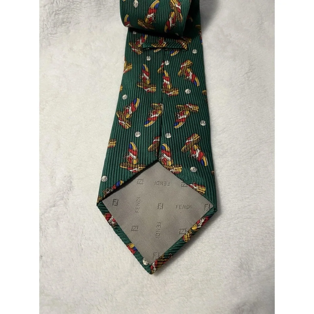 Fendi Cravatte Mens Green 100% Silk Golf Shoes Pattern Italian Designer Neck Tie